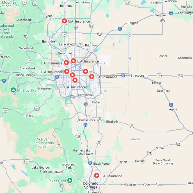 Cheapest Insurance in Colorado - L.A. Insurance Google Map View of L.A. Insurance 9 Locations in Colorado State