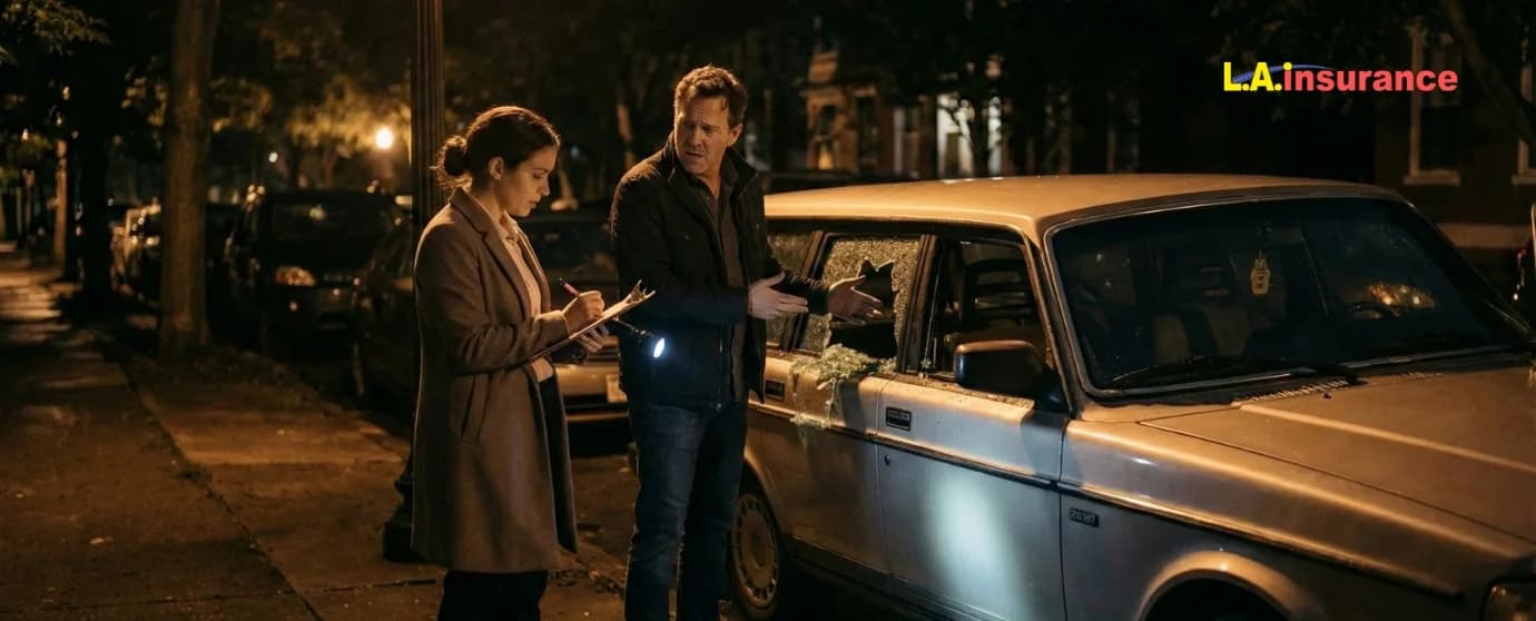 Does Car Insurance Cover Theft? "Man reporting car theft damage to insurance agent after broken window, explaining does car insurance cover theft"