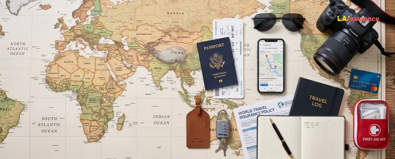Travel Safety Tips Travel safety essentials including passport, travel insurance policy, first aid kit, smartphone navigation, world map, and travel accessories for safe trip planning.