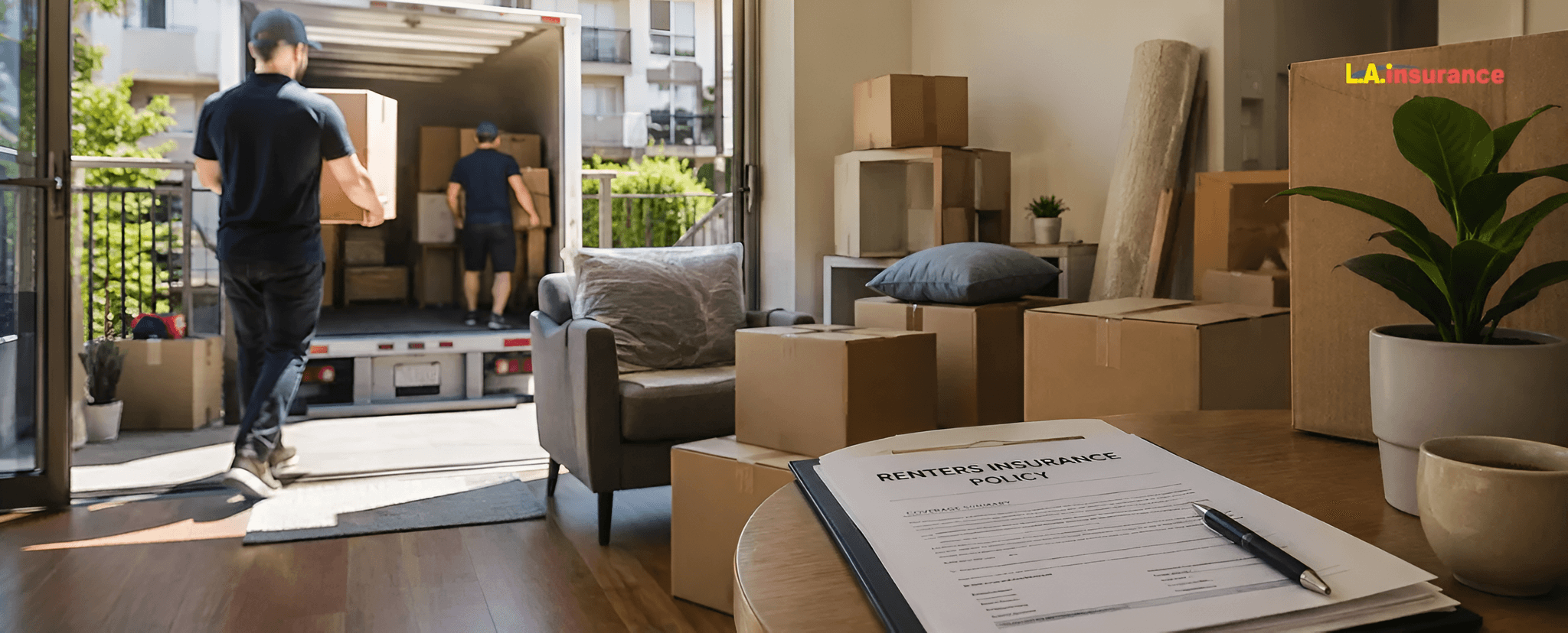 Does Renters Insurance Cover Moving? Renters insurance policy with moving boxes and movers loading a truck