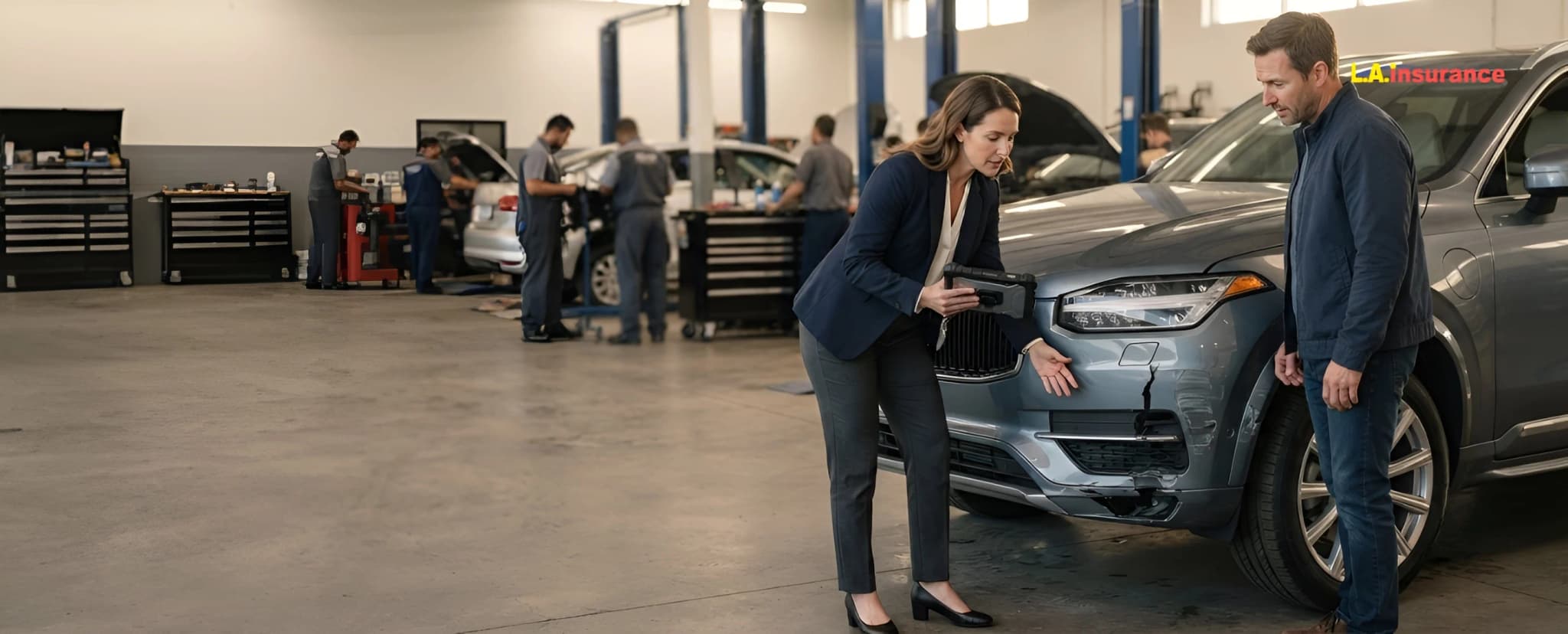 Does Car Insurance Cover Bumper Damage? Insurance representative inspecting front bumper damage on an SUV at an auto repair shop to determine car insurance coverage.
