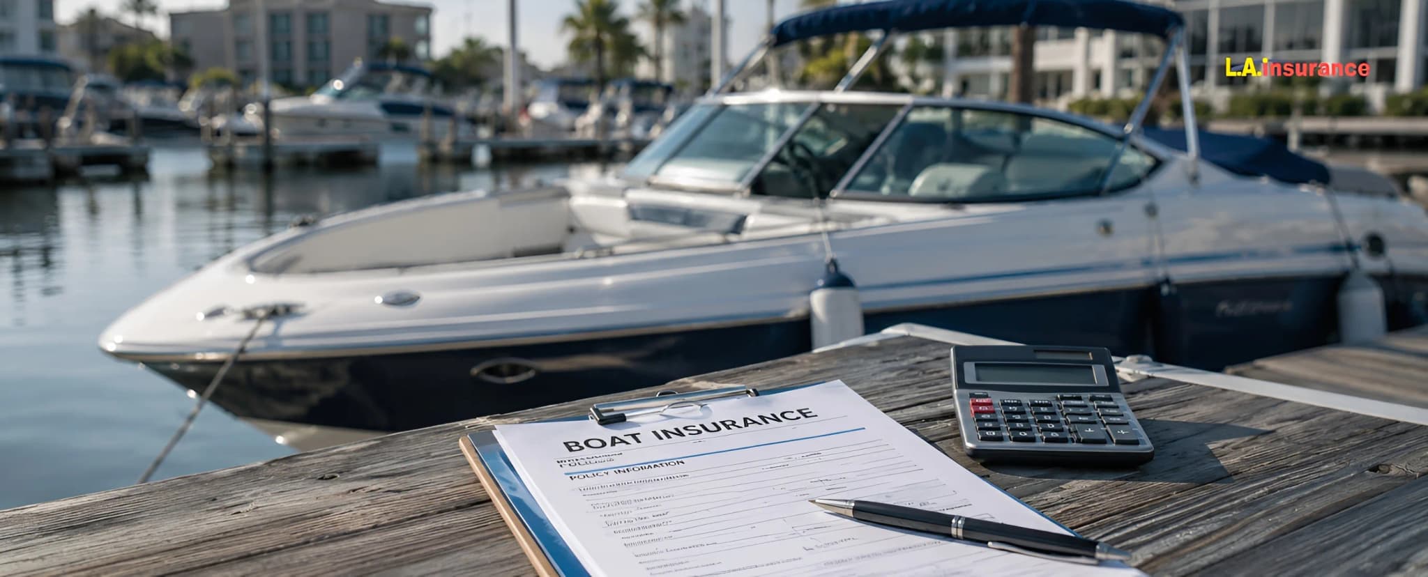 How Much Does Boat Insurance Cost Boat insurance cost estimate with an insurance document and calculator beside a recreational boat at a marina