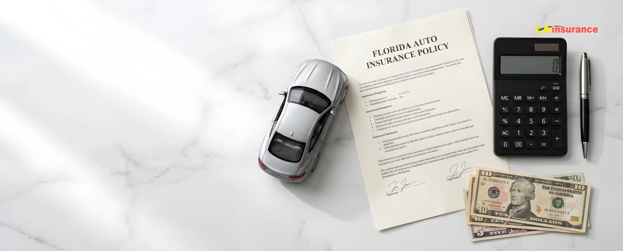 How Much Does Auto Insurance Cost in Florida? Florida auto insurance policy document with calculator, cash, and car model showing cost estimation in Florida