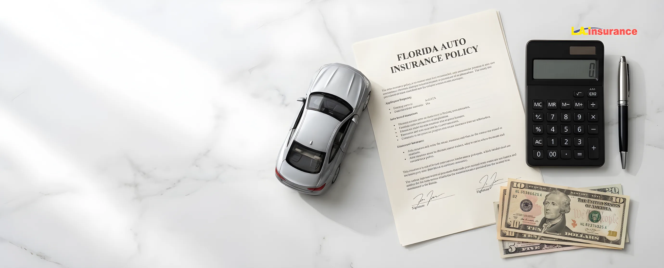 How Much Does Auto Insurance Cost in Florida? Florida auto insurance policy document with calculator, cash, and car model showing cost estimation in Florida