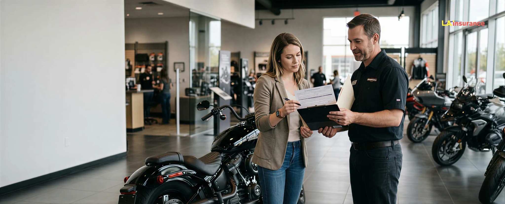 Can You Buy a Motorcycle without Insurance? Woman reviewing motorcycle purchase paperwork with dealership representative inside a motorcycle showroom for a blog about buying a motorcycle without insurance