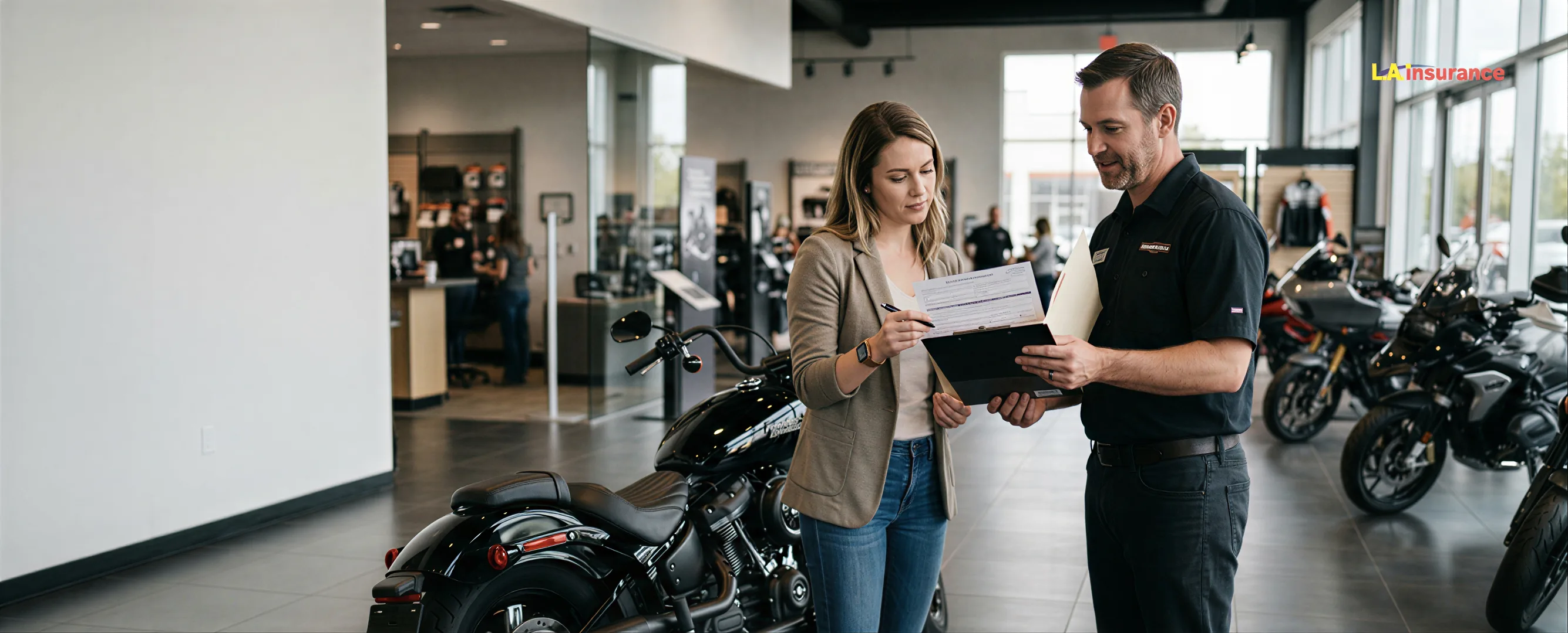 Can You Buy a Motorcycle without Insurance? Woman reviewing motorcycle purchase paperwork with dealership representative inside a motorcycle showroom for a blog about buying a motorcycle without insurance