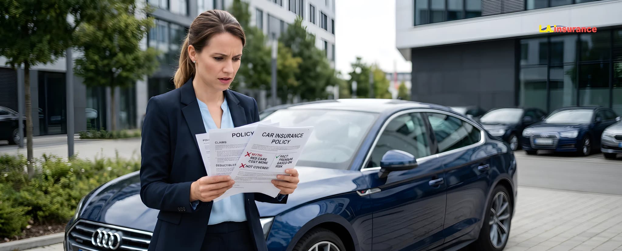 15 Common Car Insurance Myths You Need to Be Careful About Woman reviewing a car insurance policy beside a sedan while learning about common car insurance myths and coverage misconceptions