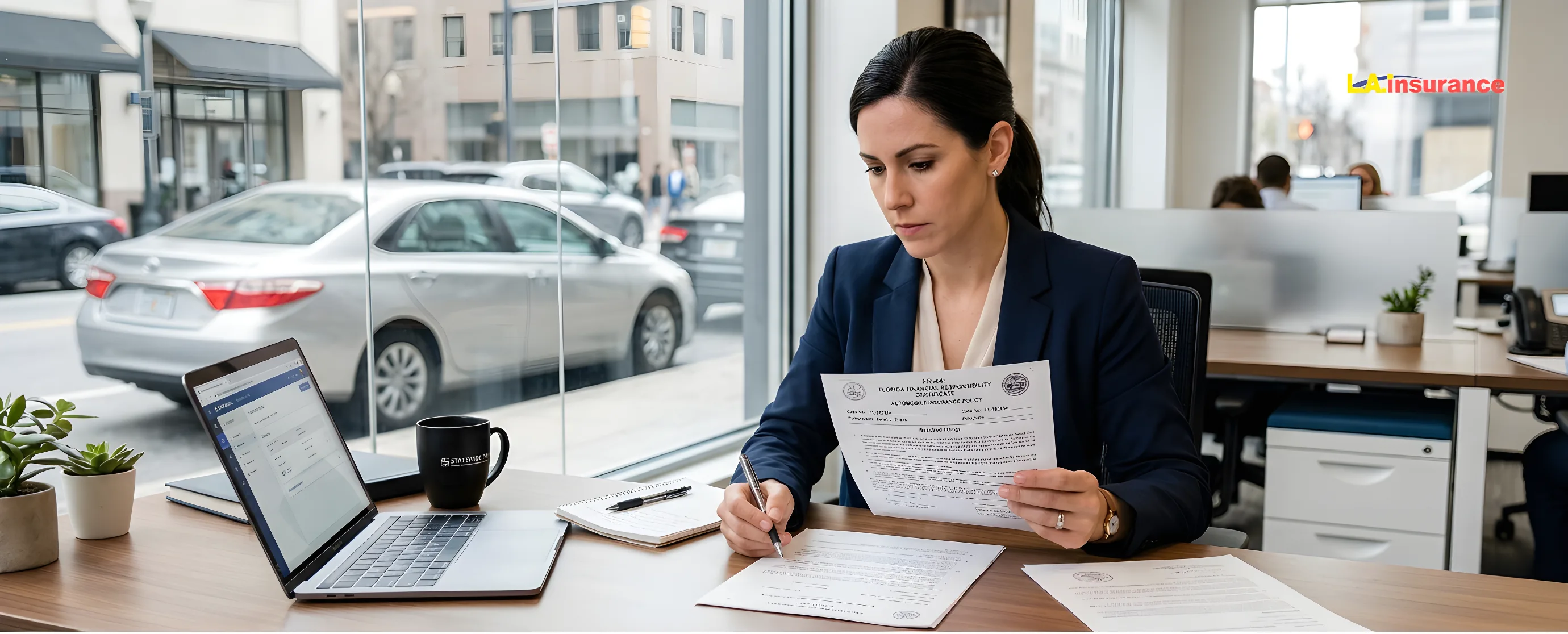 What Is FR-44 Insurance? Woman reviewing and signing FR-44 insurance policy documents at office desk with laptop and paperwork