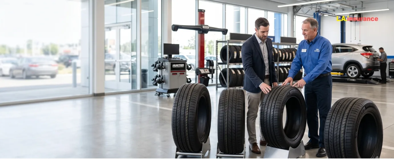 A Guide to Purchasing Tires Customer consulting a tire specialist while comparing new tires at an automotive tire shop for a guide to purchasing the right tires.