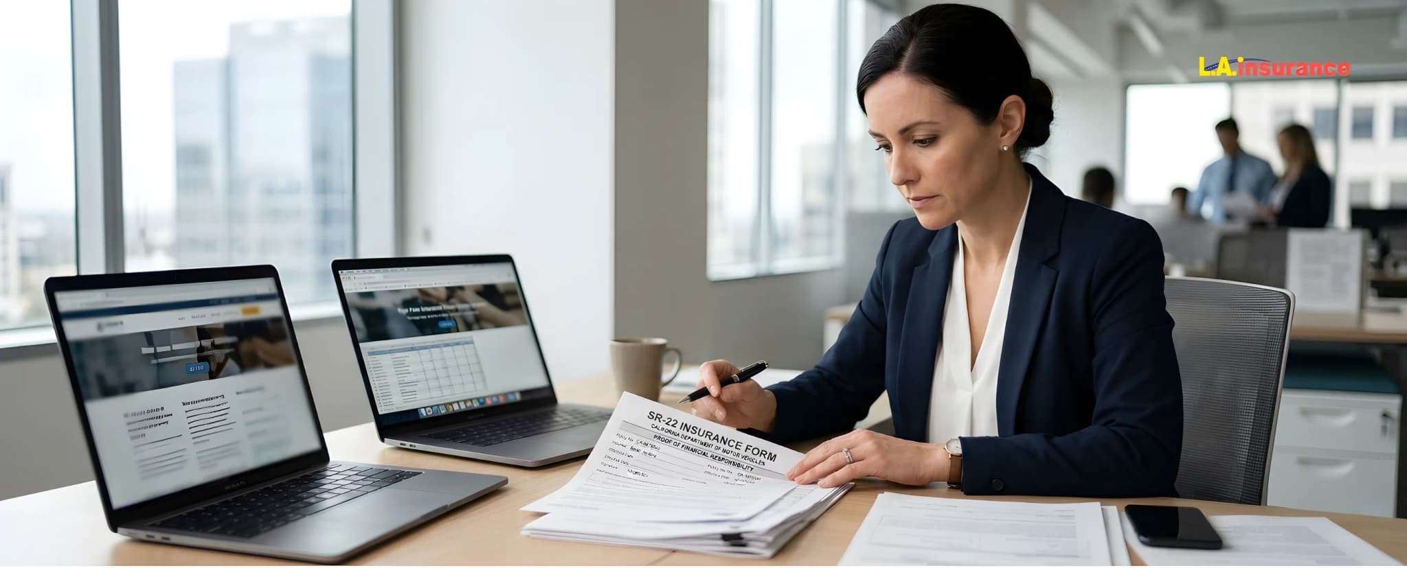 What Is SR-22 Insurance and How Does It Work? Professional insurance agent reviewing SR-22 insurance form at office desk with laptop and documents