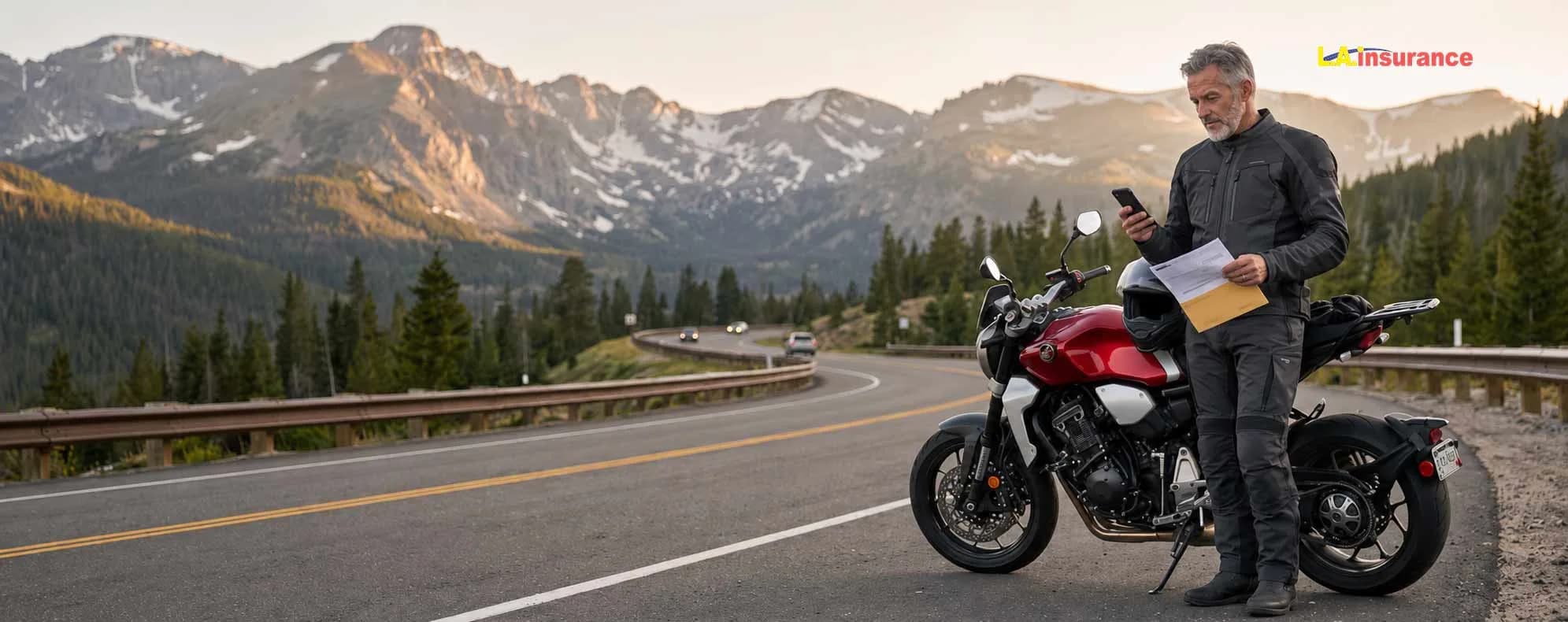 How Much is Motorcycle Insurance in Colorado? Motorcyclist reviewing insurance documents beside a motorcycle on a scenic mountain road in Colorado