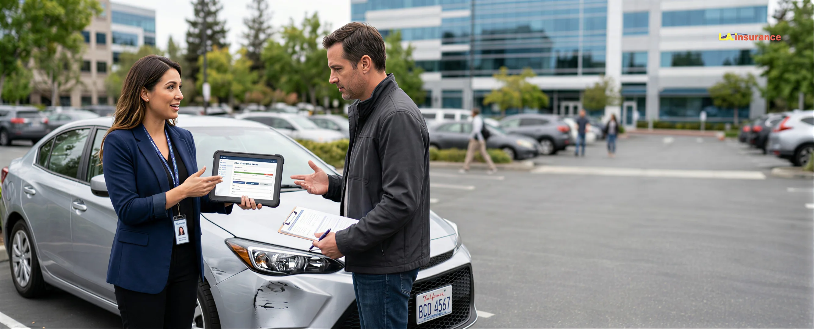 How Long Does a Car Insurance Claim Take Insurance agent explaining the car insurance claims process to a driver beside a damaged vehicle during claim assessment.