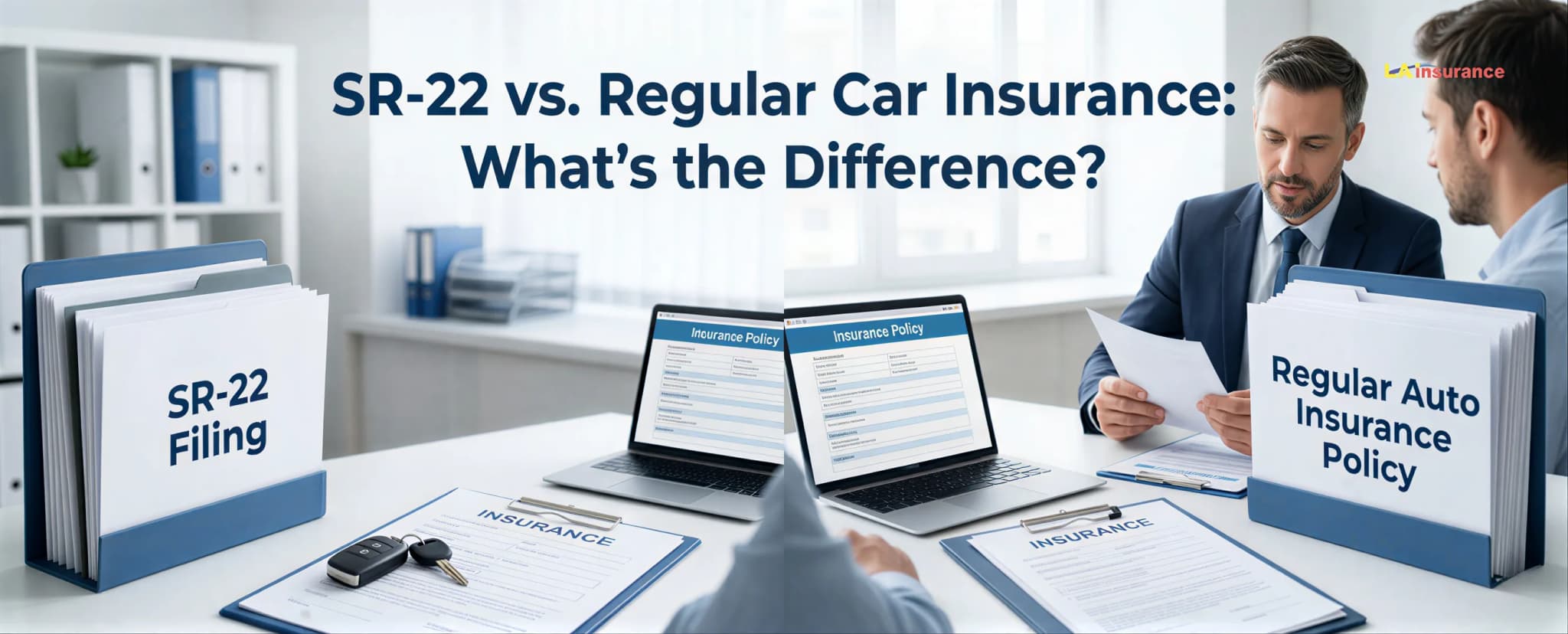 SR-22 vs. Regular Car Insurance: What is the Difference? Insurance agent comparing SR-22 filing and regular car insurance policy documents during a client consultation