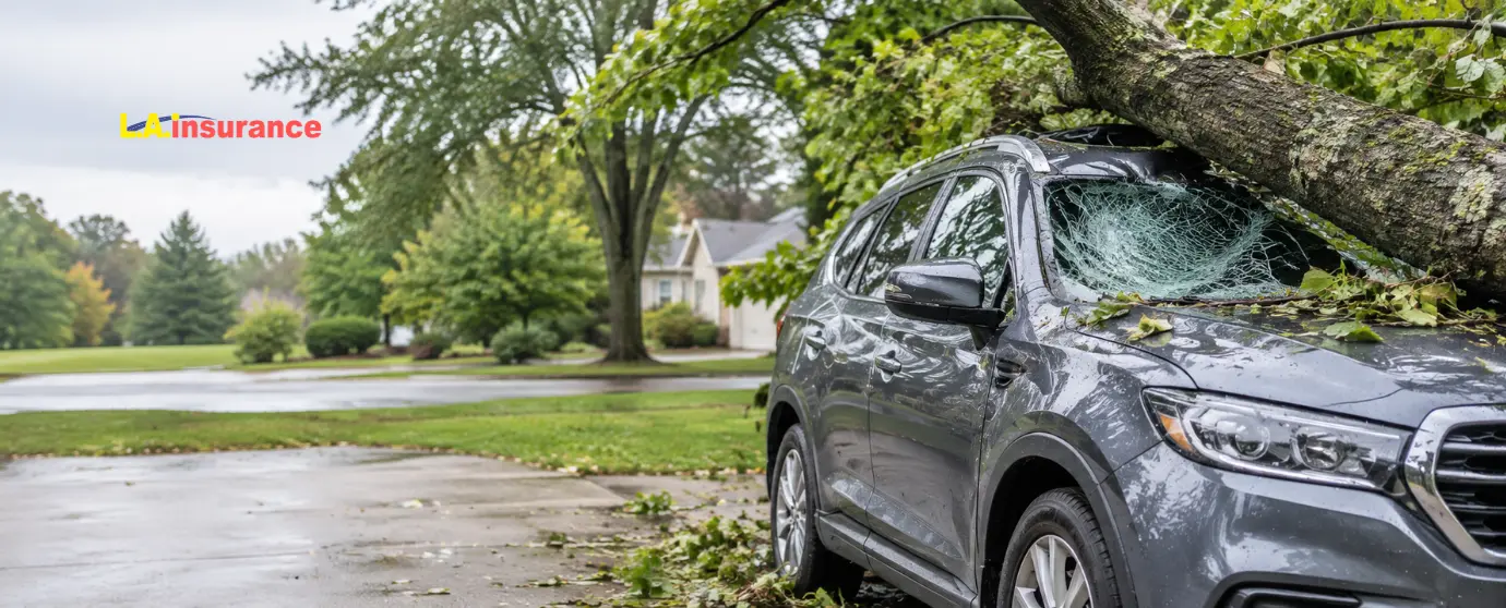 Does Insurance Cover a Tree Falling on Your Car Car damaged by a fallen tree in a residential driveway