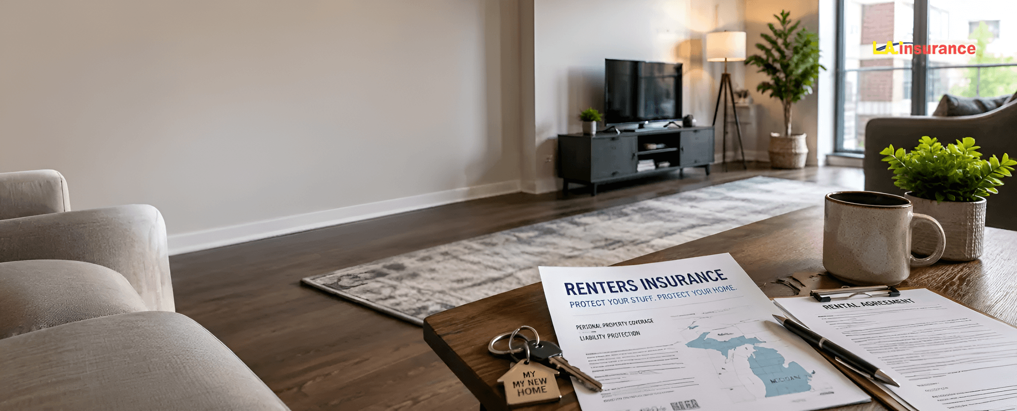 Is Renters Insurance Required in Michigan? Renters insurance policy and rental agreement with apartment keys in Michigan