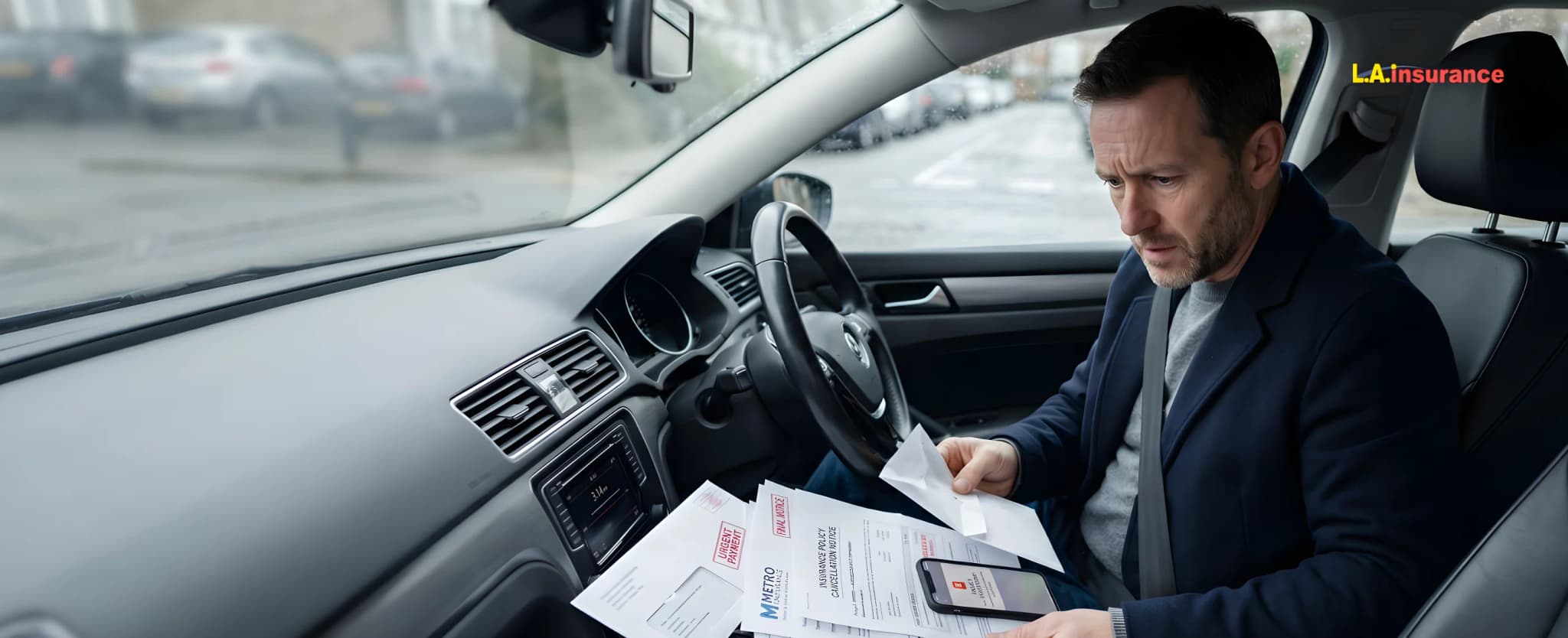 What Happens If You Do Not Pay Car Insurance Man sitting inside a car looking worried while reviewing unpaid car insurance bills and documents