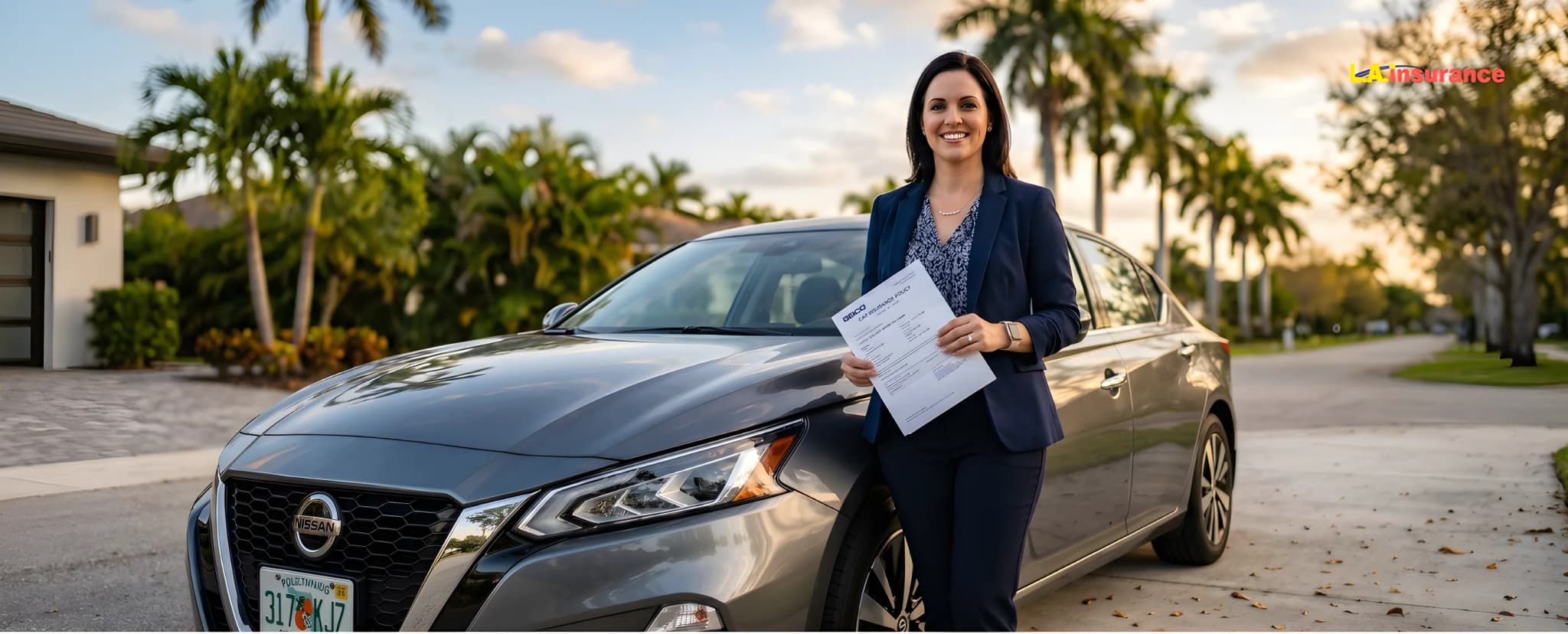 What Is the Minimum Car Insurance Required in Florida? Woman holding car insurance policy standing beside insured vehicle in Florida neighborhood