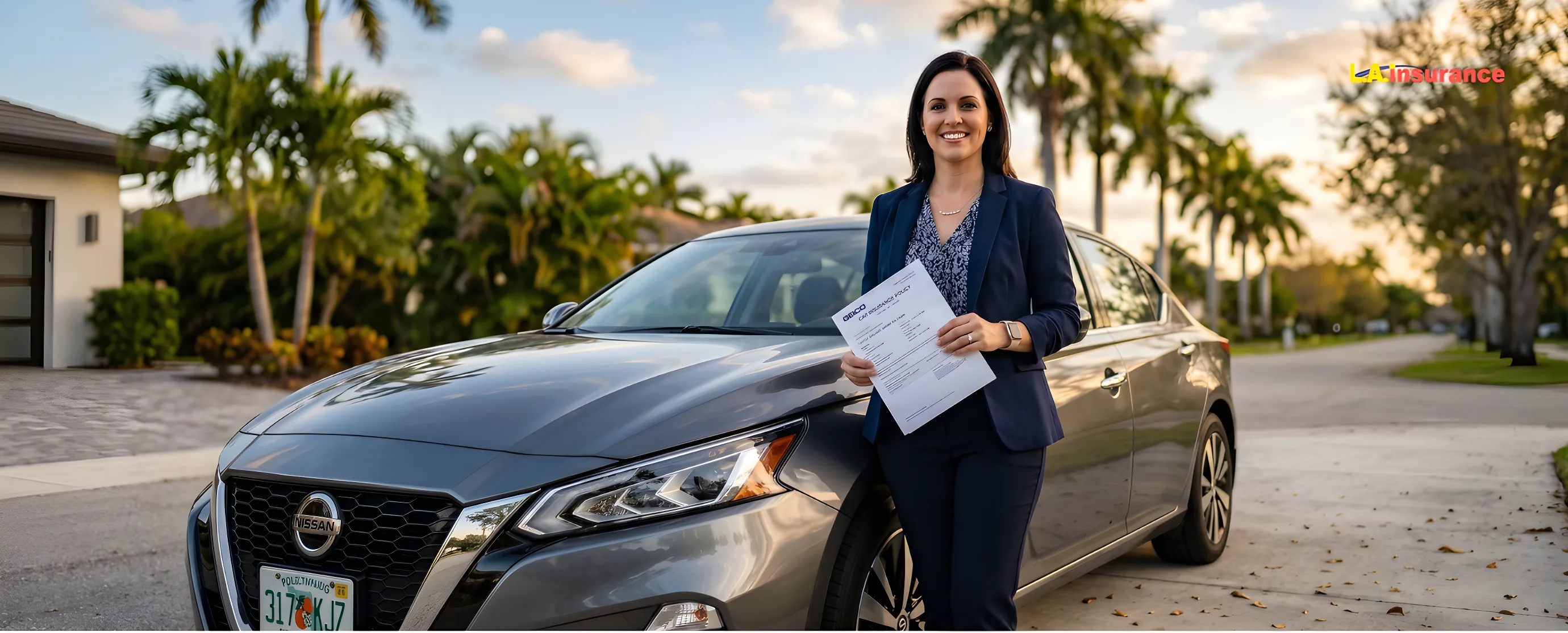 What Is the Minimum Car Insurance Required in Florida? Woman holding car insurance policy standing beside insured vehicle in Florida neighborhood