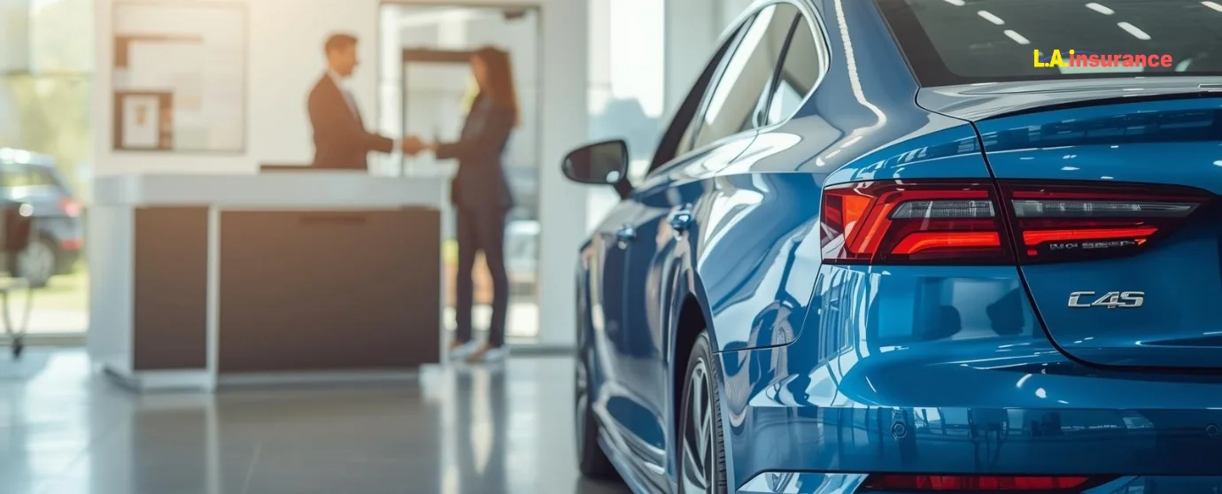 New Car Replacement Coverage: What is it, and How Does it Work? "New car in showroom with customer signing insurance agreement for new car replacement coverage"