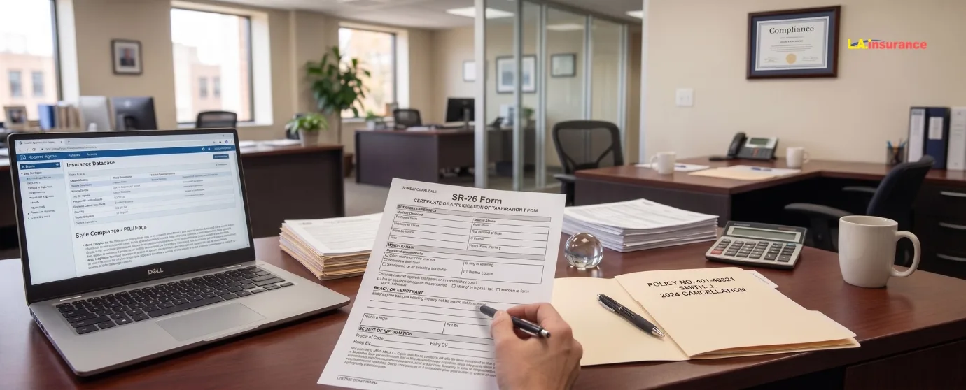 What Is an SR-26 Form Person reviewing an SR-26 form in an insurance office with policy cancellation documents and insurance records on a desk