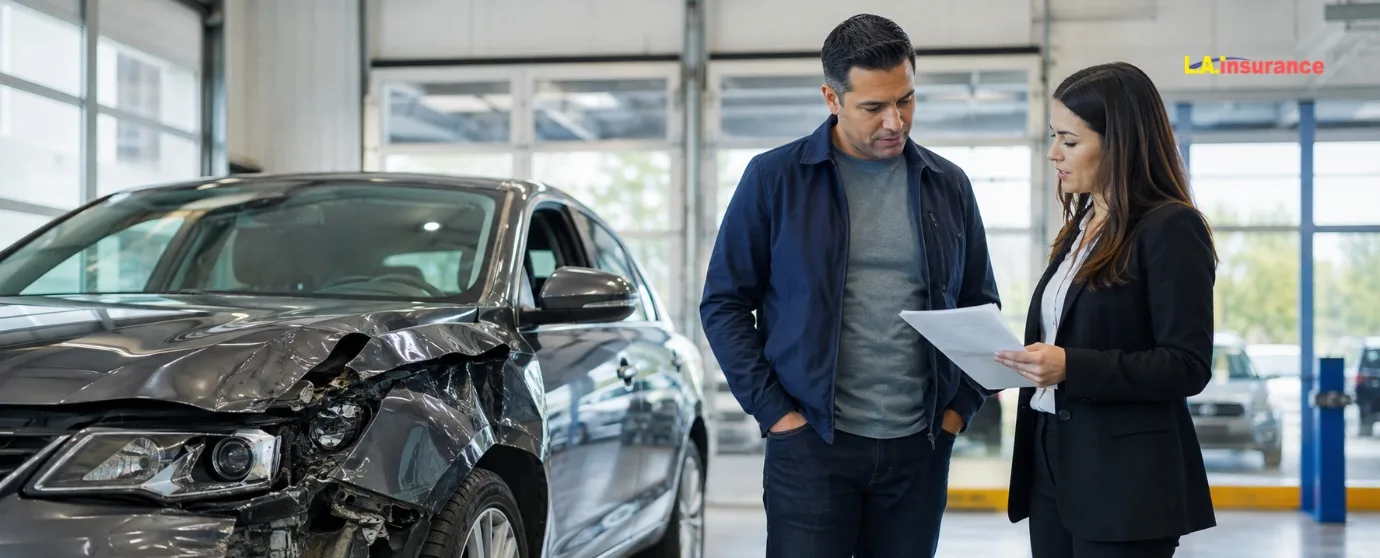 What Happens If You Wreck a Financed Car Without Insurance? Damaged financed car after an accident being discussed with an insurance representative
