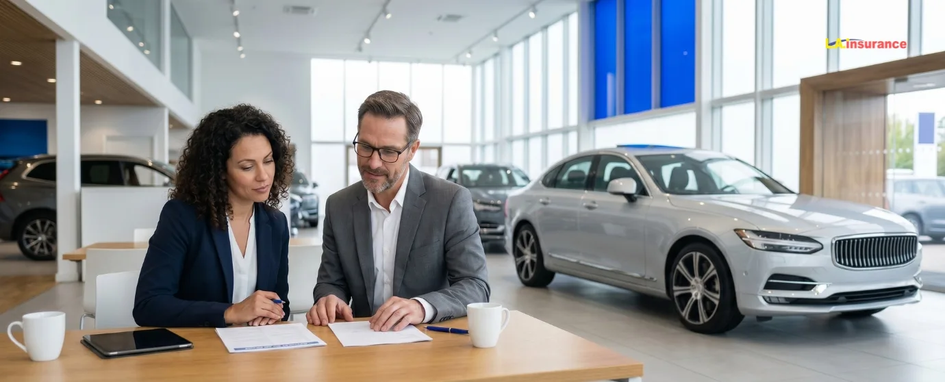 Does Gap Insurance Help You Get a New Car? Insurance representative reviewing vehicle financing and gap insurance paperwork with a customer at a car dealership showroom
