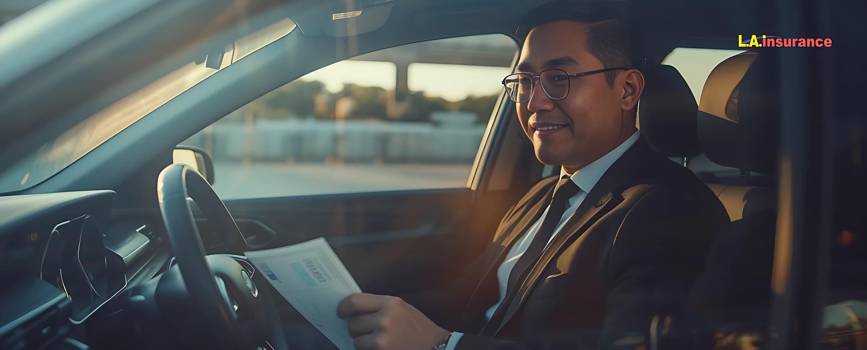 Can You Get Car Insurance Without a License in Texas? Businessman sitting in his car reviewing insurance documents, representing obtaining car insurance without a driver’s license in Texas.