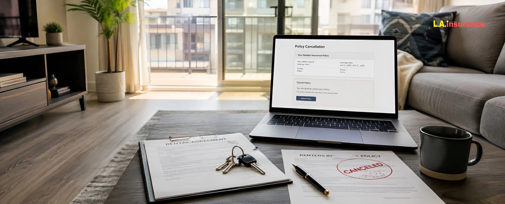 How to Cancel Renters Insurance Laptop showing renters insurance policy cancellation with rental agreement, apartment keys, and canceled insurance document.