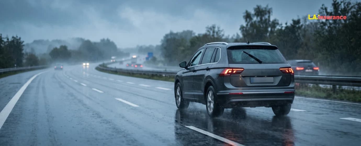 Driving In Rain Gray SUV driving on a rain-soaked highway during heavy rainfall, highlighting safe driving practices and visibility challenges in wet weather.