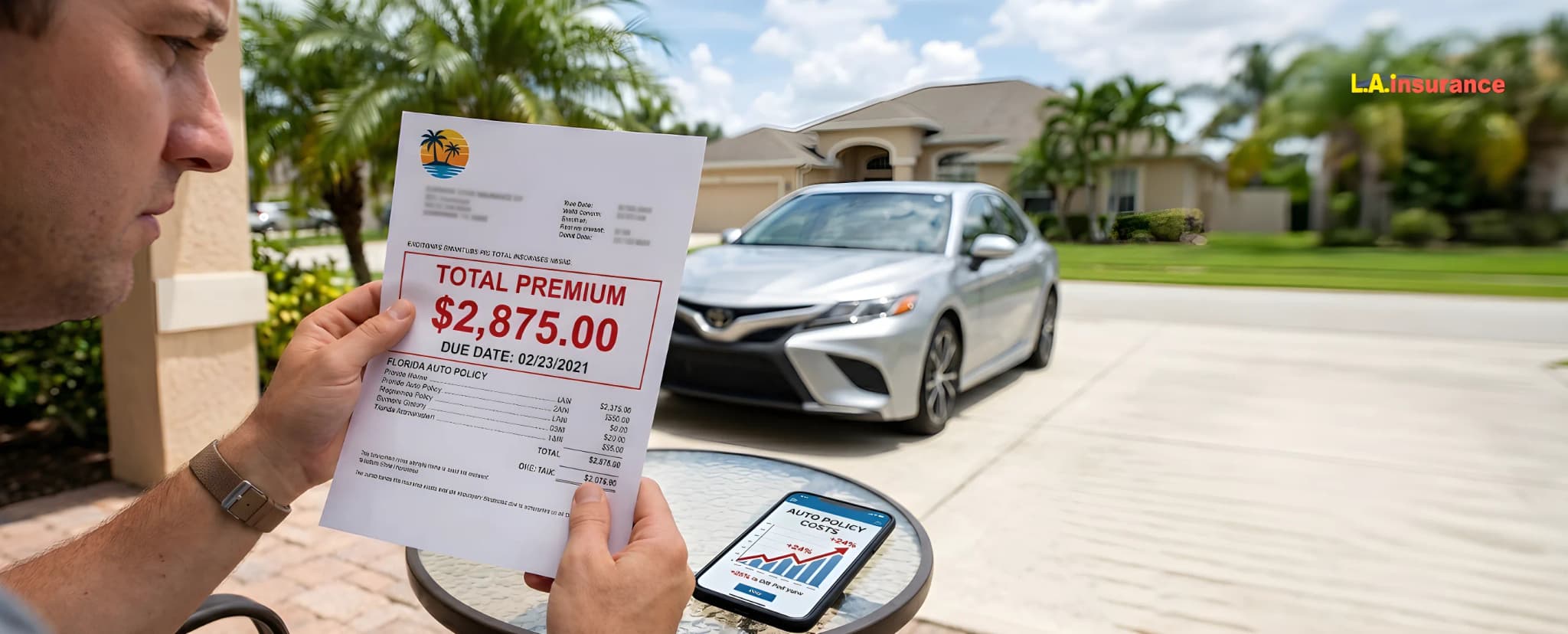 11 Reasons Why Car Insurance Is So Expensive in Florida? Man reviewing high Florida car insurance premium bill of $2875 with car and rising auto policy costs displayed on smartphone