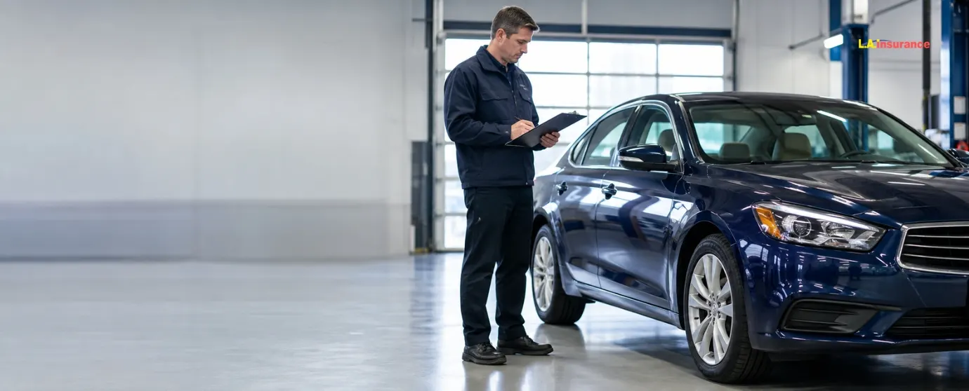 Does a Rebuilt Title Affect Insurance Vehicle inspector reviewing a rebuilt-title car during an insurance inspection