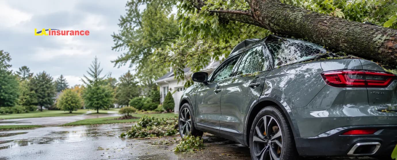 Does Insurance Cover a Tree Falling on Your Car Car damaged by a fallen tree in a residential driveway
