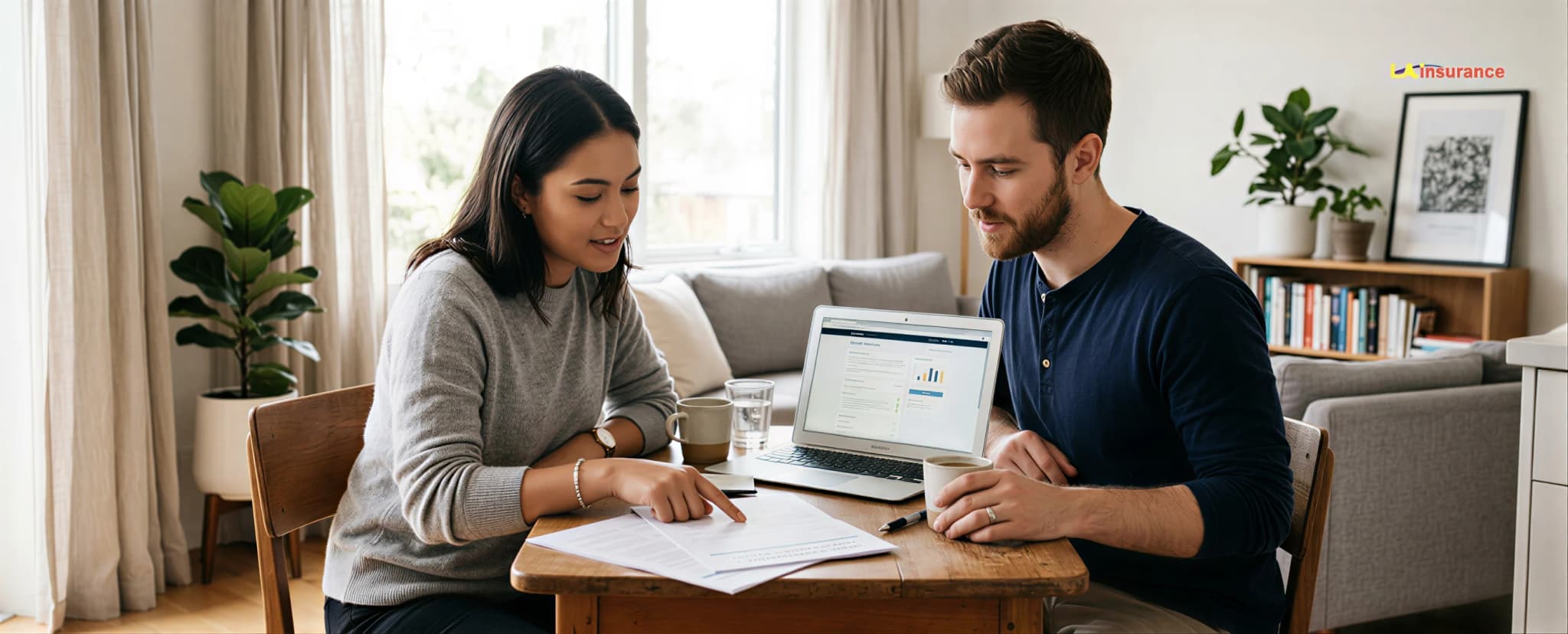 Does Renters Insurance Cover Roommates? Two people reviewing insurance documents and policy information together at a table.