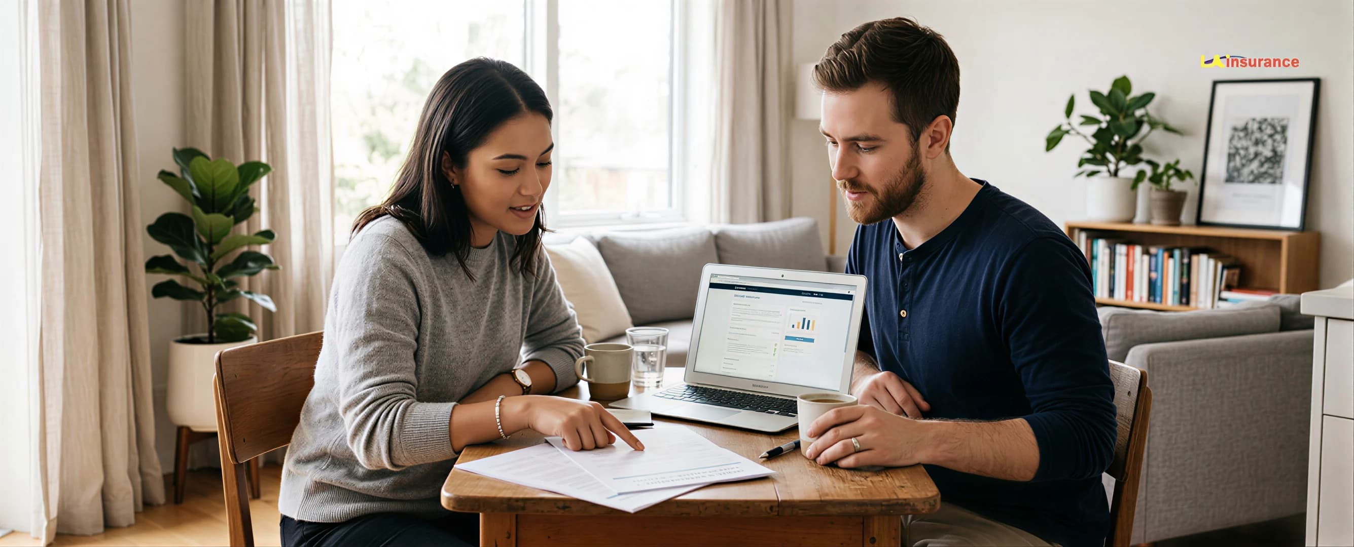 Does Renters Insurance Cover Roommates? Two people reviewing insurance documents and policy information together at a table.