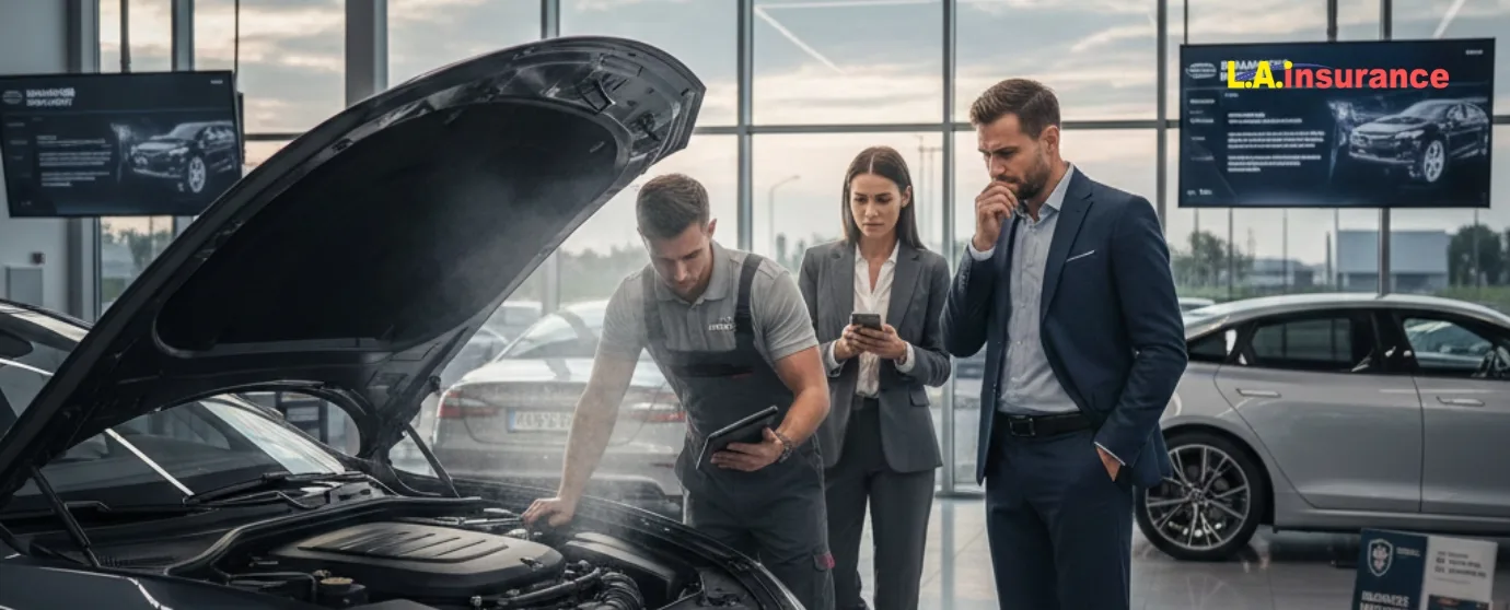 Does Car Insurance Cover Engine Failure? Mechanic inspecting car engine while couple reviews car insurance coverage for engine failure at dealership