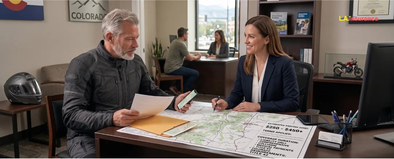 How Much is Motorcycle Insurance in Colorado? Motorcyclist discussing motorcycle insurance costs and coverage options with an insurance agent in Colorado