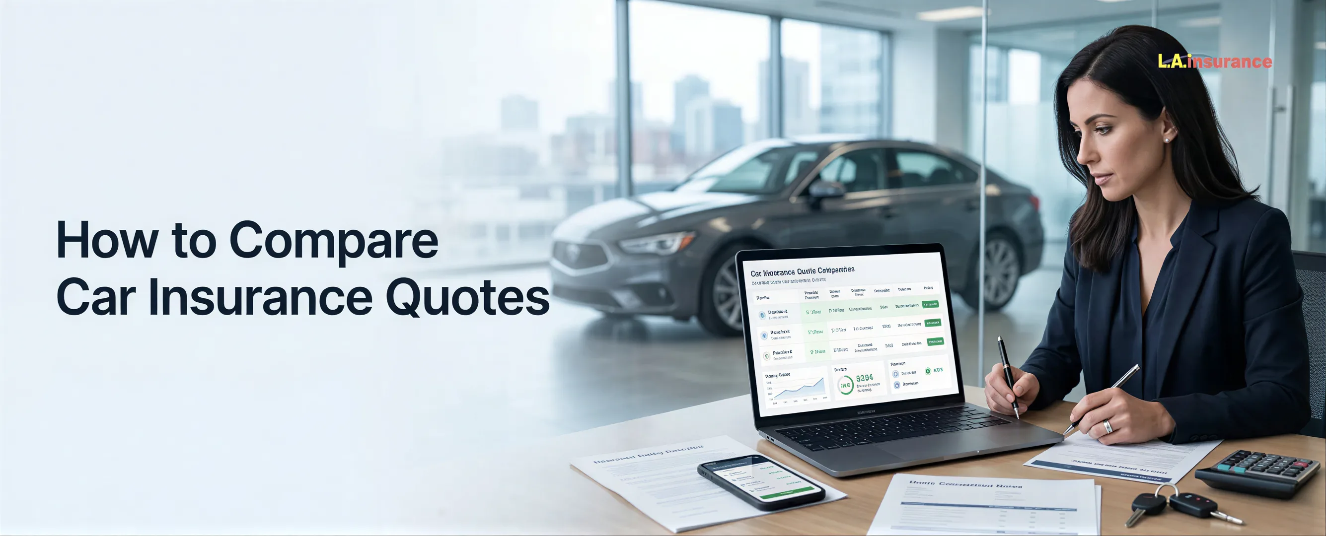 How to Compare Car Insurance Quotes Professional comparing car insurance quotes online with vehicle and insurance documents in office