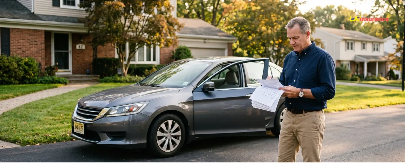 Are Older Cars Cheaper to Insure? Man reviewing insurance documents beside an older sedan while comparing car insurance costs for older vehicles