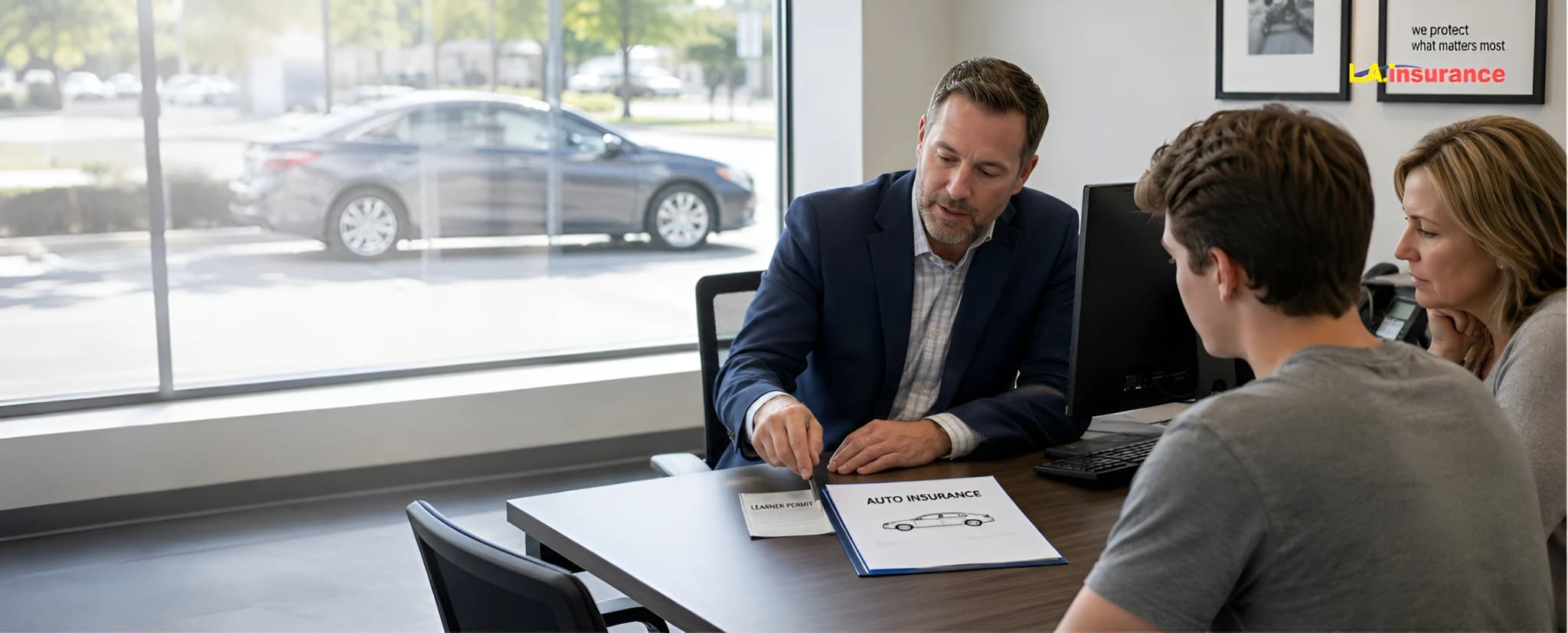 Can You Get Auto Insurance with a Permit? Young driver with learner's permit discussing auto insurance coverage with an insurance agent