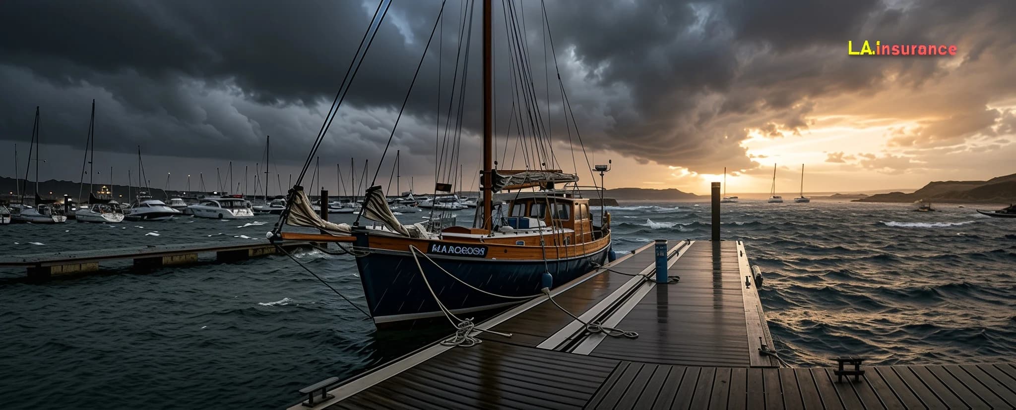 Does Boat Insurance Cover Storm Damage? Boat docked at marina during severe storm with dark clouds and rough water illustrating boat insurance coverage for storm damage