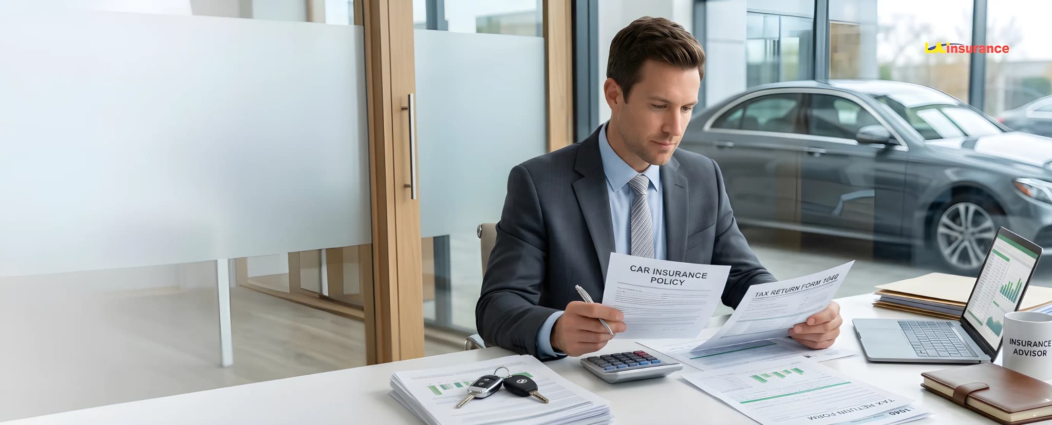 Is Car Insurance Tax Deductible? Business professional reviewing car insurance policy and tax return documents to determine if car insurance is tax deductible