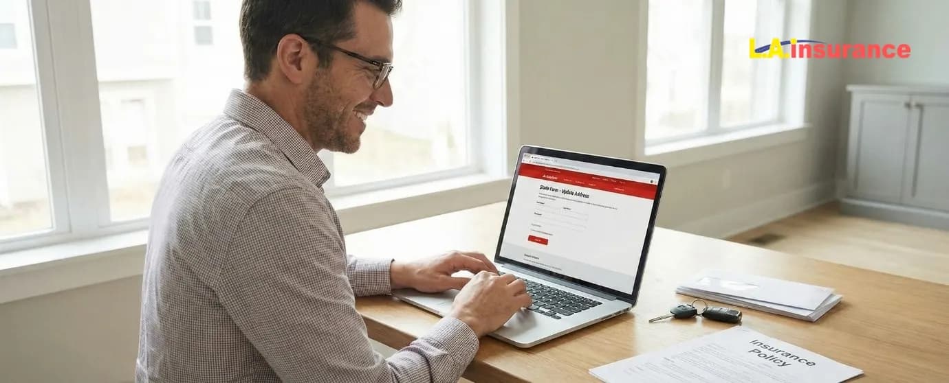 How to Change Address on Car Insurance? Man updating address on car insurance policy online using laptop at home
