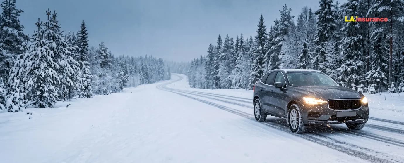 Driving In Snow SUV driving safely on a snow-covered road through a winter forest with headlights on during snowy weather