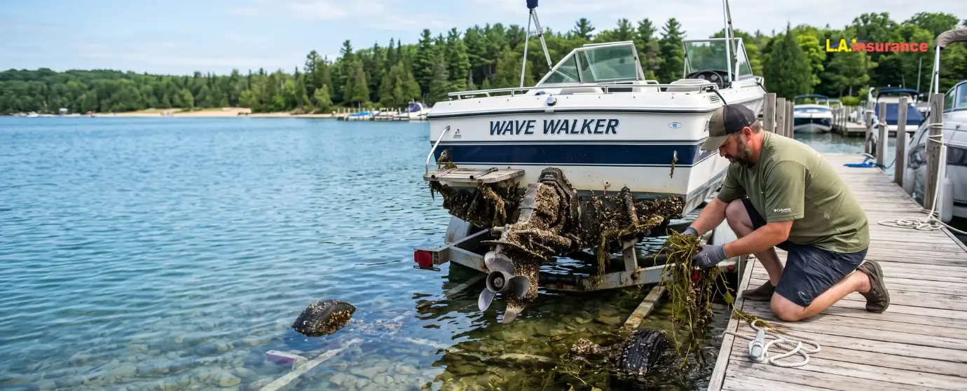 Damage of Invasive Species Boat owner removing invasive species and aquatic plants from a boat trailer to prevent the spread of harmful aquatic invasive species in freshwater lakes