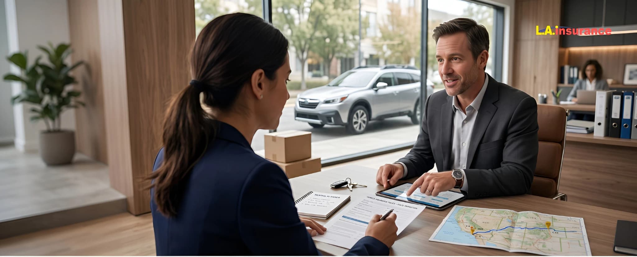 When to Change Car Insurance When Moving to Another State Insurance agent discussing when to change car insurance with a customer moving to another state