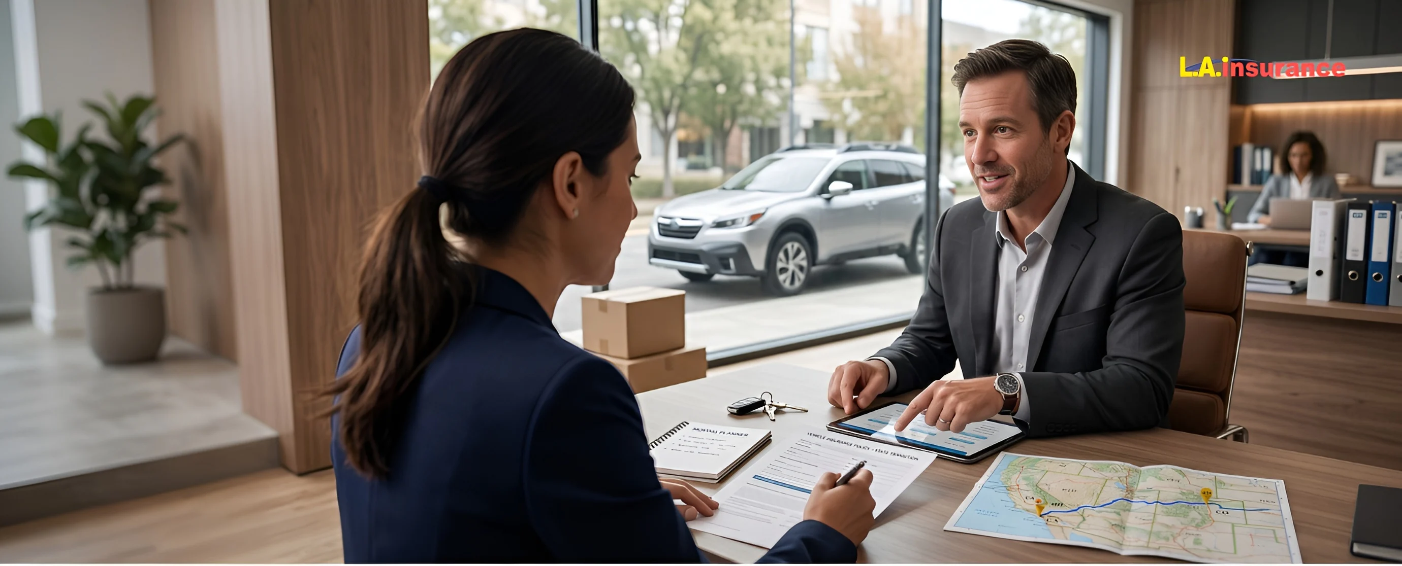 When to Change Car Insurance When Moving to Another State Insurance agent discussing when to change car insurance with a customer moving to another state