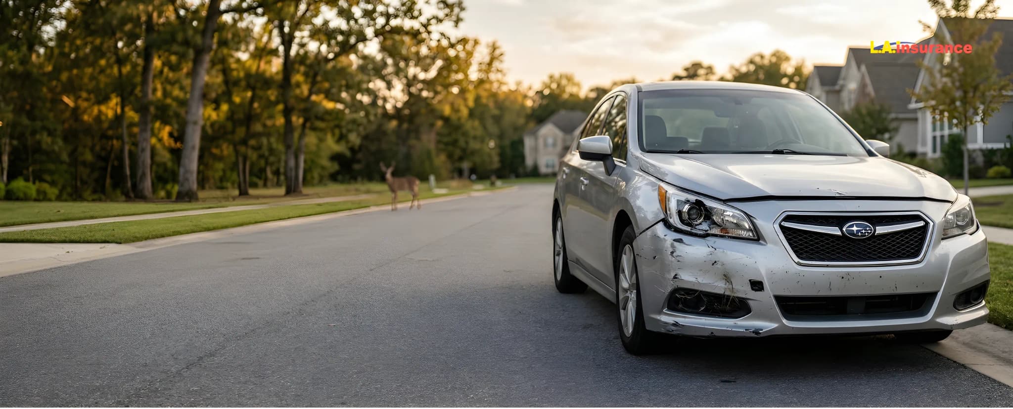 Does Car Insurance Cover Animal Damage? Front-end damaged car after hitting a deer on a road, illustrating animal collision covered by car insurance