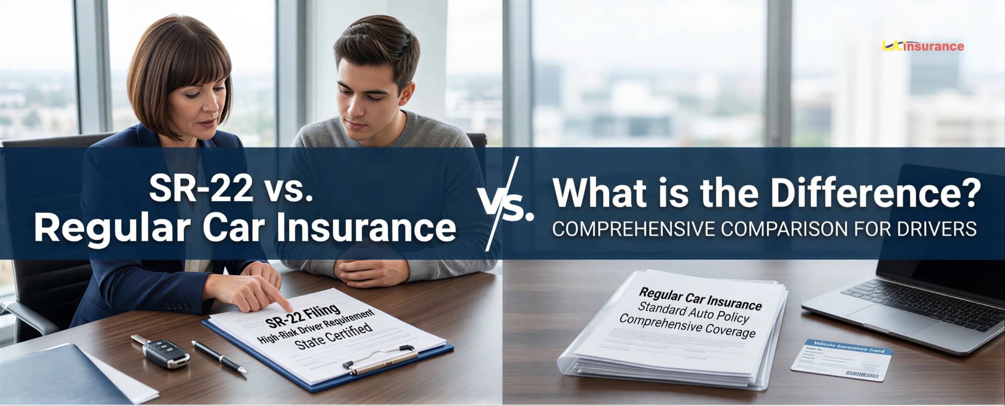 SR-22 vs. Regular Car Insurance: What is the Difference? SR-22 vs regular car insurance comparison showing an insurance agent reviewing SR-22 filing documents alongside a standard auto insurance policy.