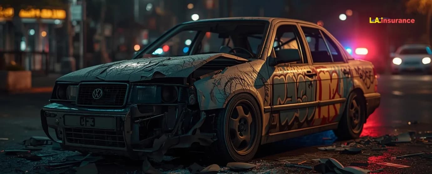 Does Car Insurance Cover Vandalism? "Vandalized car with graffiti and severe damage parked on city street at night, illustrating car insurance vandalism coverage"