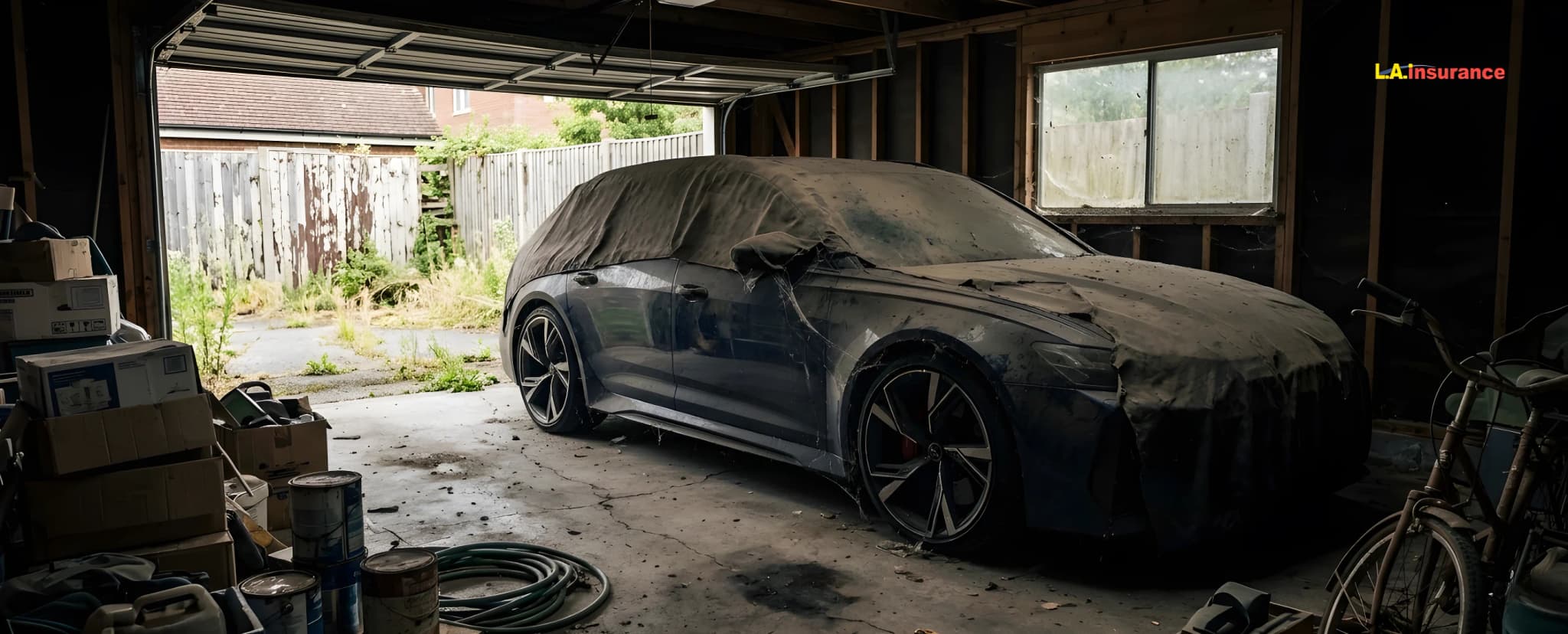 Does My Car Need Insurance If I am Not Driving It? Dust-covered car stored in a garage representing insurance coverage for a vehicle not being driven